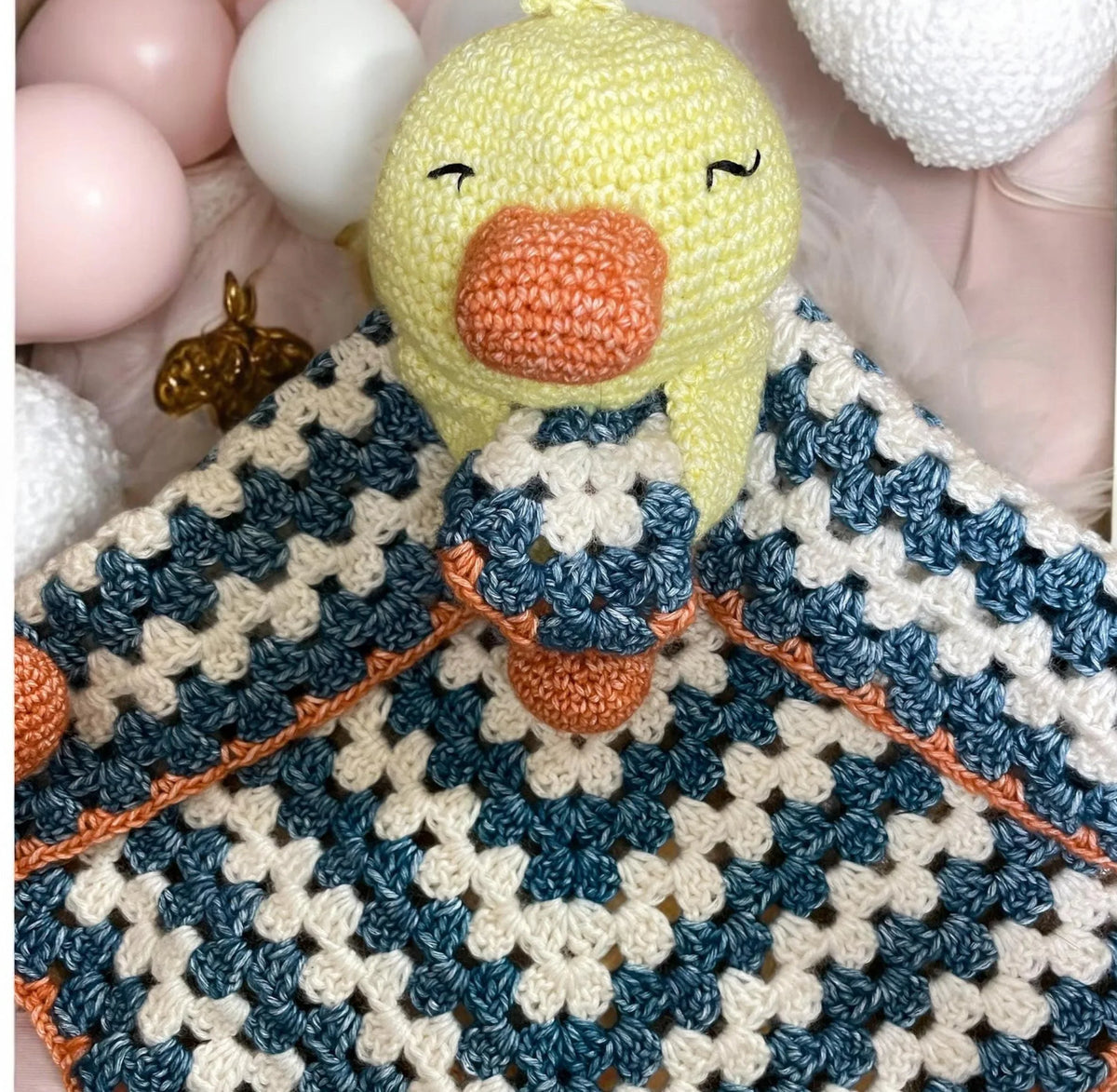 Baby crochet duck comforter blanket in soft neutral colors