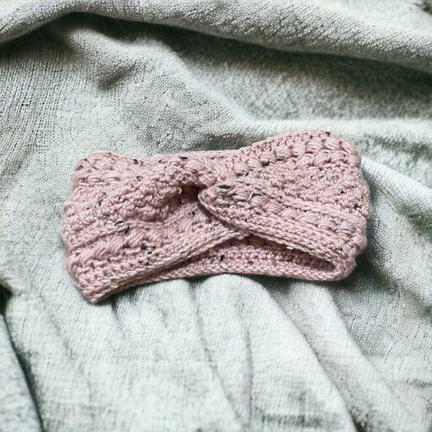 Soft wool crochet ear warmer in neutral winter colour

Stylish crochet headband ear warmer with bobble detail

Handmade winter crochet accessory – cozy ear warmer