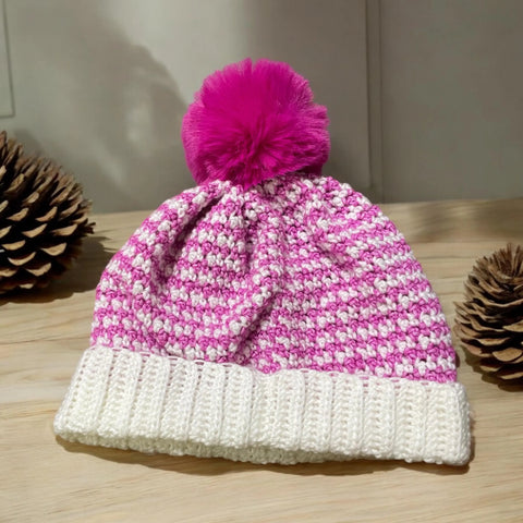 Close-up of crochet stitches on handmade chunky beanie UK