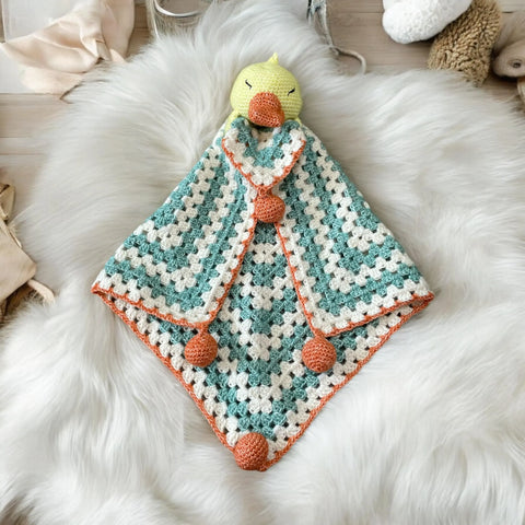 soft baby comforter crochet duck gender neutral cozy lovey blanket