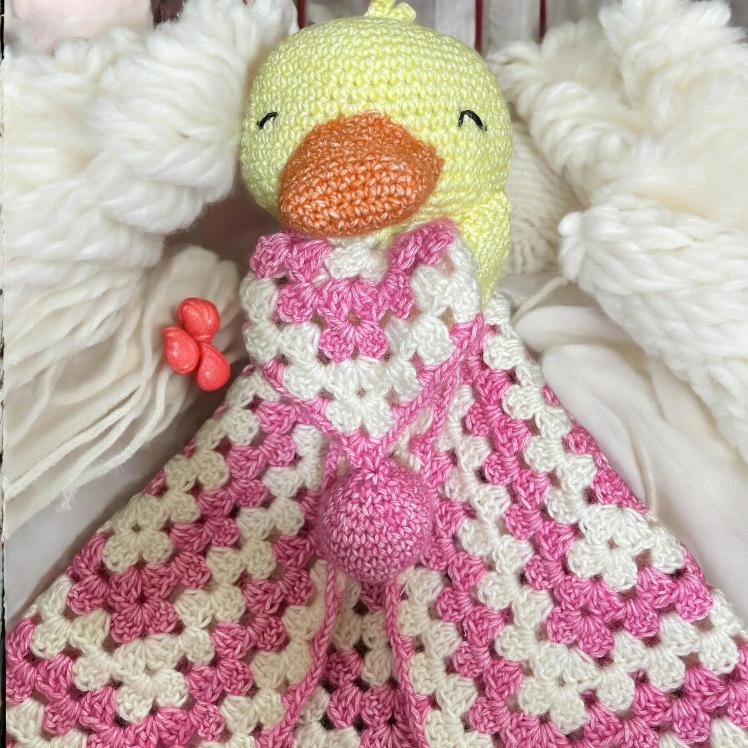 soft baby comforter crochet duck gender neutral cozy lovey blanket